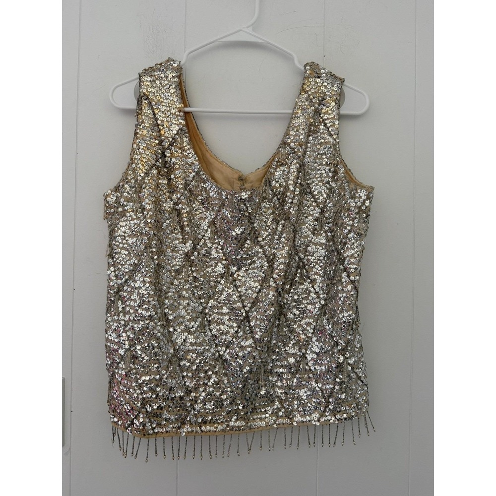 VTG 60s Rising Sun Hong Kong Sequin Beaded Fringe V-Neck Tank Top Silver Gold
